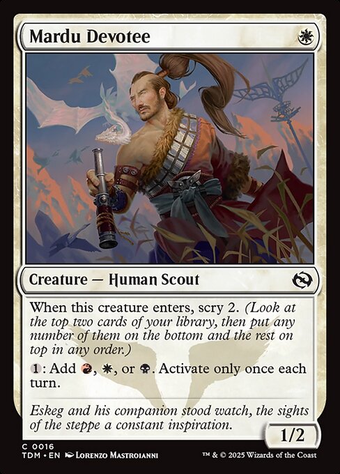 When this creature enters, scry 2. (Look at the top two cards of your library, then put any number of them on the bottom and the rest on top in any order.)
{1}: Add {R}, {W}, or {B}. Activate only once each turn.