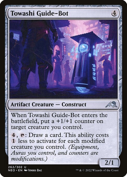 When Towashi Guide-Bot enters the battlefield, put a +1/+1 counter on target creature you control.
{4}, {T}: Draw a card. This ability costs {1} less to activate for each modified creature you control. (Equipment, Auras you control, and counters are modifications.)