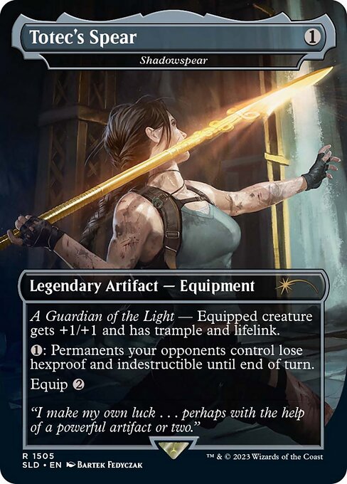 Equipped creature gets +1/+1 and has trample and lifelink.
{1}: Permanents your opponents control lose hexproof and indestructible until end of turn.
Equip {2}