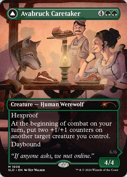 Hexproof
At the beginning of combat on your turn, put two +1/+1 counters on another target creature you control.
Daybound (If a player casts no spells during their own turn, it becomes night next turn.)   Hexproof
Other permanents you control have hexproof.
At the beginning of combat on your turn, put two +1/+1 counters on each creature you control.
Nightbound (If a player casts at least two spells during their own turn, it becomes day next turn.)