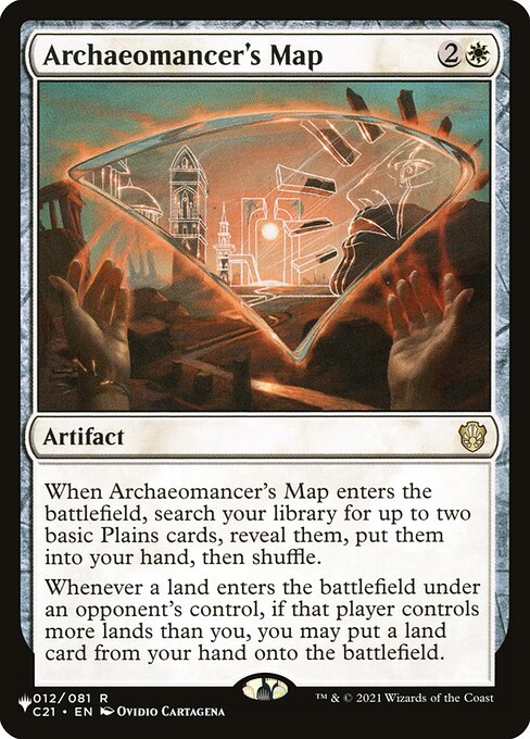 When Archaeomancer's Map enters, search your library for up to two basic Plains cards, reveal them, put them into your hand, then shuffle.
Whenever a land an opponent controls enters, if that player controls more lands than you, you may put a land card from your hand onto the battlefield.