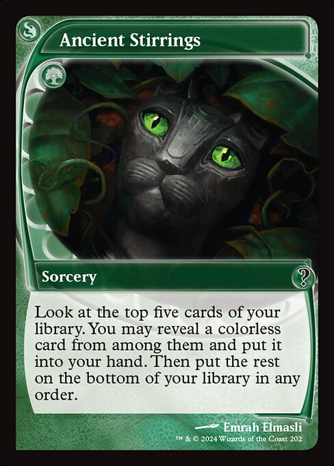 Look at the top five cards of your library. You may reveal a colorless card from among them and put it into your hand. Then put the rest on the bottom of your library in any order.