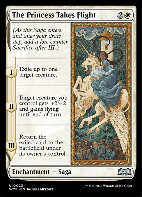 (As this Saga enters and after your draw step, add a lore counter. Sacrifice after III.)
I — Exile up to one target creature.
II — Target creature you control gets +2/+2 and gains flying until end of turn.
III — Return the exiled card to the battlefield under its owner's control.