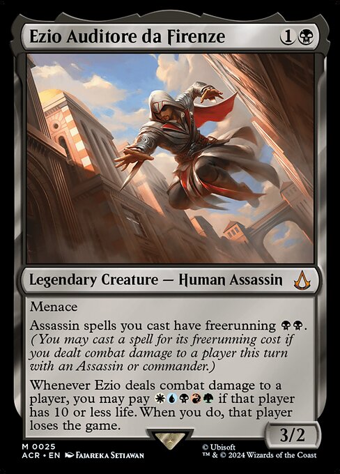 Menace
Assassin spells you cast have freerunning {B}{B}. (You may cast a spell for its freerunning cost if you dealt combat damage to a player this turn with an Assassin or commander.)
Whenever Ezio deals combat damage to a player, you may pay {W}{U}{B}{R}{G} if that player has 10 or less life. When you do, that player loses the game.