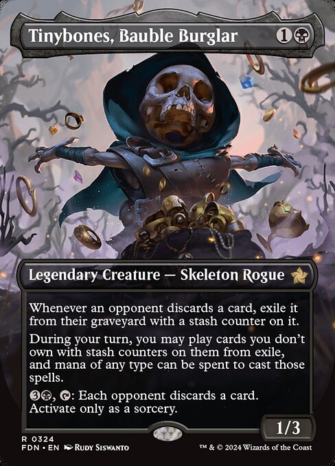 Whenever an opponent discards a card, exile it from their graveyard with a stash counter on it.
During your turn, you may play cards you don't own with stash counters on them from exile, and mana of any type can be spent to cast those spells.
{3}{B}, {T}: Each opponent discards a card. Activate only as a sorcery.