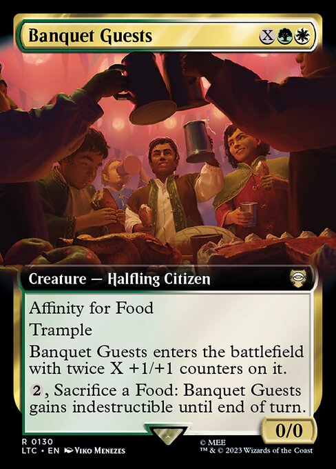 Affinity for Food (This spell costs {1} less to cast for each Food you control.)
Trample
Banquet Guests enters with twice X +1/+1 counters on it.
{2}, Sacrifice a Food: Banquet Guests gains indestructible until end of turn.