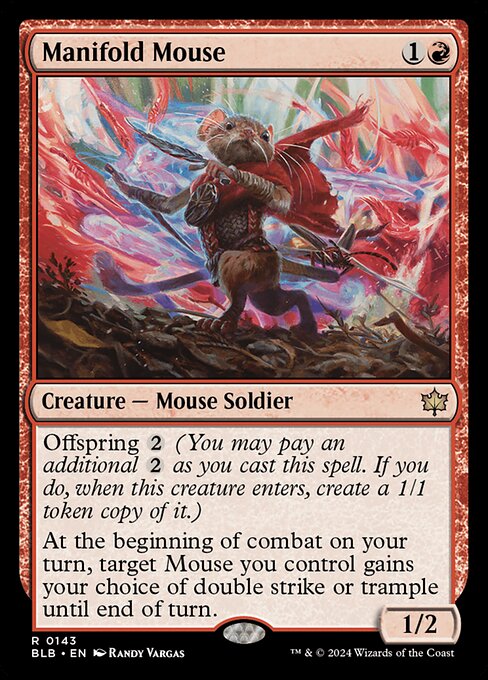 Offspring {2} (You may pay an additional {2} as you cast this spell. If you do, when this creature enters, create a 1/1 token copy of it.)
At the beginning of combat on your turn, target Mouse you control gains your choice of double strike or trample until end of turn.
