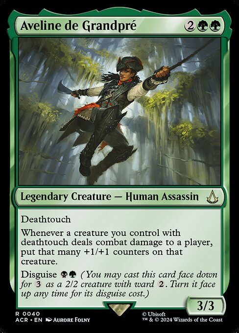 Deathtouch
Whenever a creature you control with deathtouch deals combat damage to a player, put that many +1/+1 counters on that creature.
Disguise {B}{G} (You may cast this card face down for {3} as a 2/2 creature with ward {2}. Turn it face up any time for its disguise cost.)