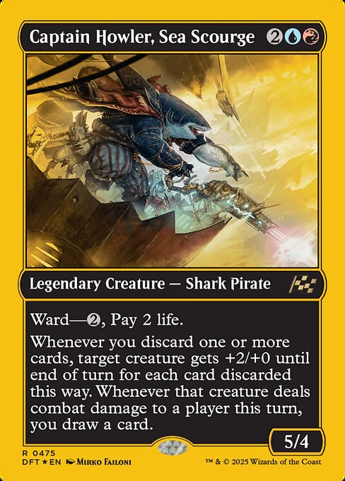 Ward—{2}, Pay 2 life.
Whenever you discard one or more cards, target creature gets +2/+0 until end of turn for each card discarded this way. Whenever that creature deals combat damage to a player this turn, you draw a card.