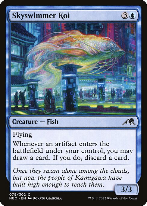 Flying
Whenever an artifact enters the battlefield under your control, you may draw a card. If you do, discard a card.