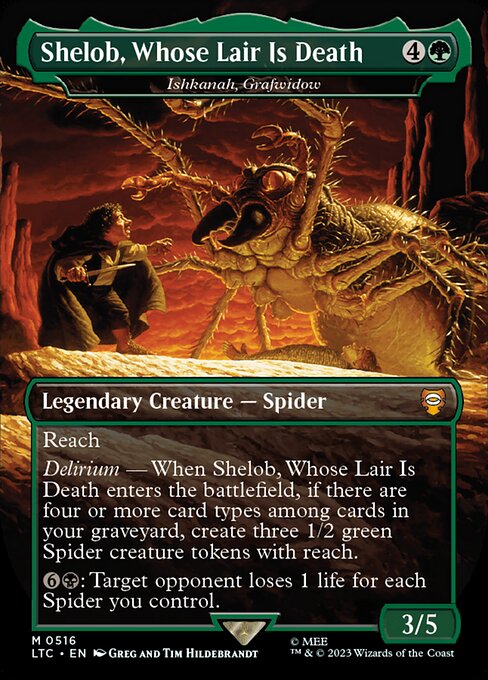 Reach
Delirium — When Ishkanah, Grafwidow enters the battlefield, if there are four or more card types among cards in your graveyard, create three 1/2 green Spider creature tokens with reach.
{6}{B}: Target opponent loses 1 life for each Spider you control.