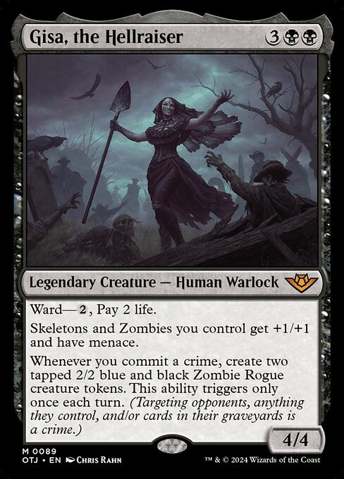 Ward—{2}, Pay 2 life.
Skeletons and Zombies you control get +1/+1 and have menace.
Whenever you commit a crime, create two tapped 2/2 blue and black Zombie Rogue creature tokens. This ability triggers only once each turn. (Targeting opponents, anything they control, and/or cards in their graveyards is a crime.)