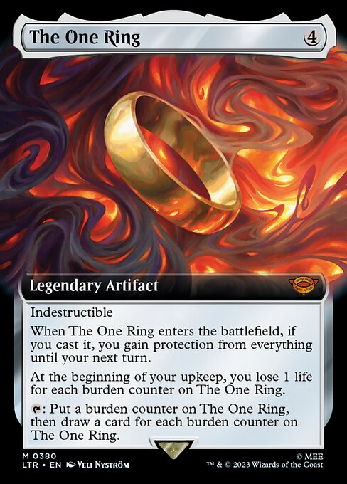 Indestructible
When The One Ring enters the battlefield, if you cast it, you gain protection from everything until your next turn.
At the beginning of your upkeep, you lose 1 life for each burden counter on The One Ring.
{T}: Put a burden counter on The One Ring, then draw a card for each burden counter on The One Ring.