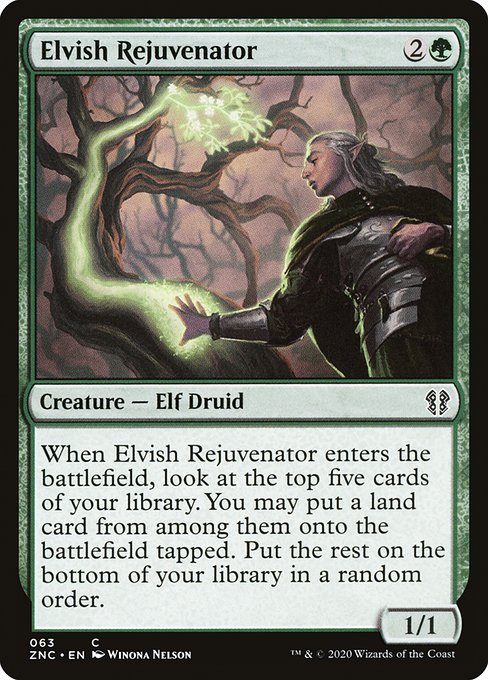 When Elvish Rejuvenator enters the battlefield, look at the top five cards of your library. You may put a land card from among them onto the battlefield tapped. Put the rest on the bottom of your library in a random order.