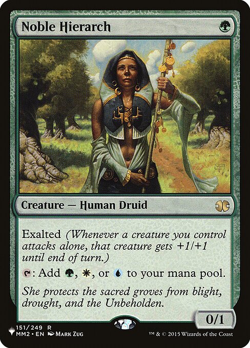 Exalted (Whenever a creature you control attacks alone, that creature gets +1/+1 until end of turn.)
{T}: Add {G}, {W}, or {U}.