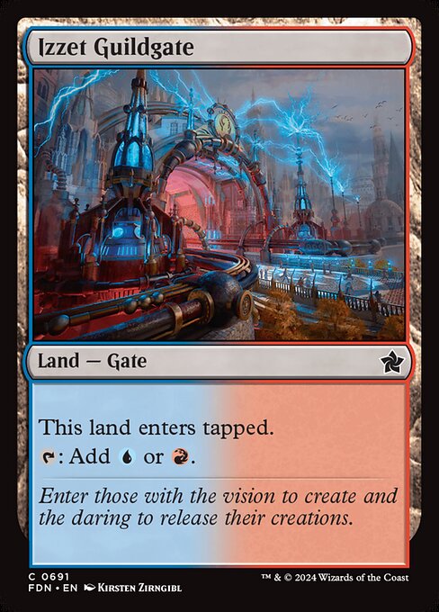 Izzet Guildgate enters tapped.
{T}: Add {U} or {R}.