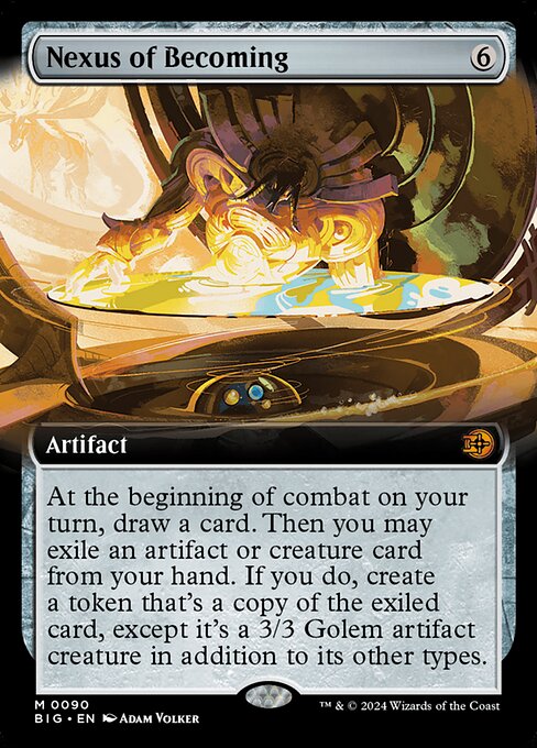 At the beginning of combat on your turn, draw a card. Then you may exile an artifact or creature card from your hand. If you do, create a token that's a copy of the exiled card, except it's a 3/3 Golem artifact creature in addition to its other types.