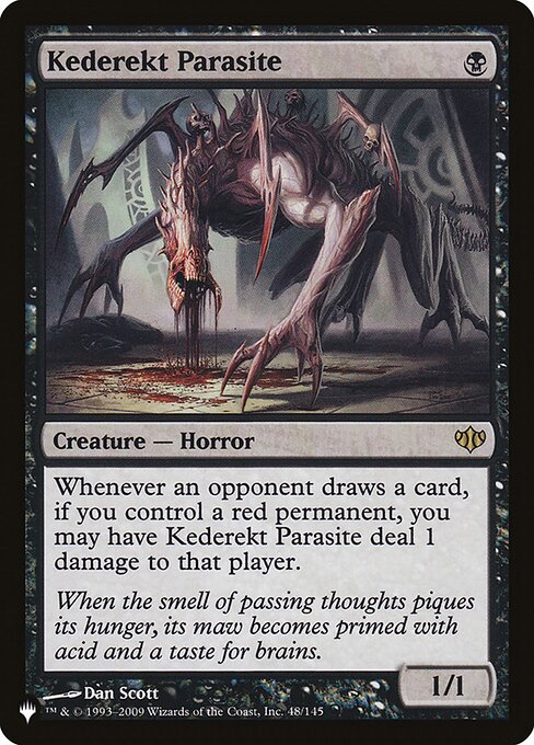 Whenever an opponent draws a card, if you control a red permanent, you may have Kederekt Parasite deal 1 damage to that player.