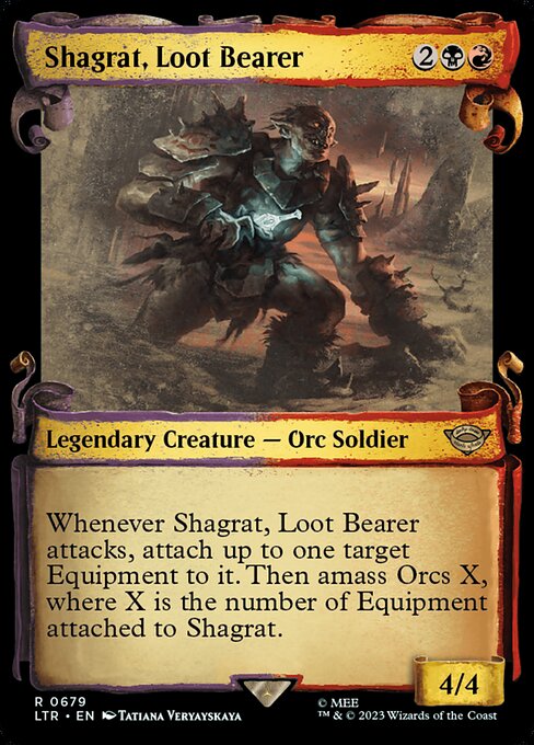 Whenever Shagrat, Loot Bearer attacks, attach up to one target Equipment to it. Then amass Orcs X, where X is the number of Equipment attached to Shagrat. (Control of the Equipment doesn't change. To amass Orcs X, put X +1/+1 counters on an Army you control. It's also an Orc. If you don't control an Army, create a 0/0 black Orc Army creature token first.)