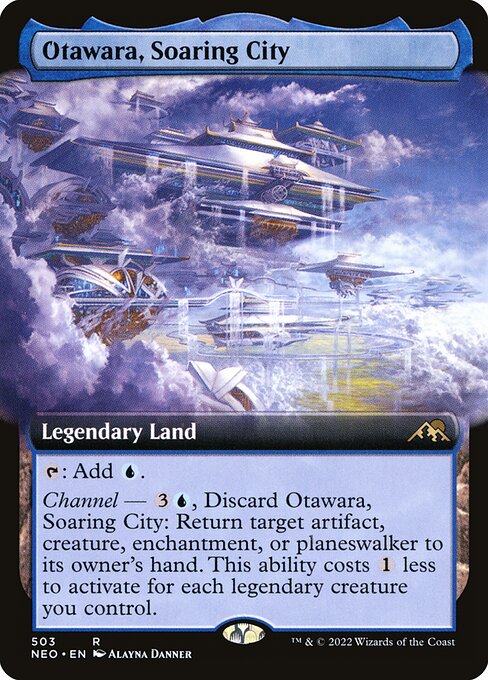 {T}: Add {U}.
Channel — {3}{U}, Discard Otawara, Soaring City: Return target artifact, creature, enchantment, or planeswalker to its owner's hand. This ability costs {1} less to activate for each legendary creature you control.