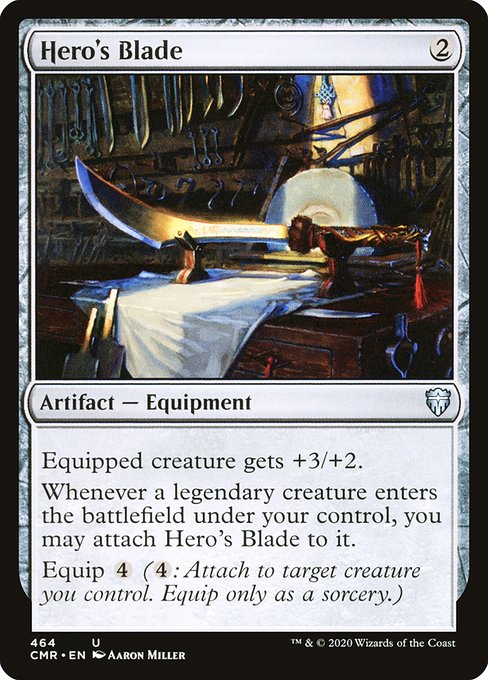 Equipped creature gets +3/+2.
Whenever a legendary creature enters the battlefield under your control, you may attach Hero's Blade to it.
Equip {4} ({4}: Attach to target creature you control. Equip only as a sorcery.)