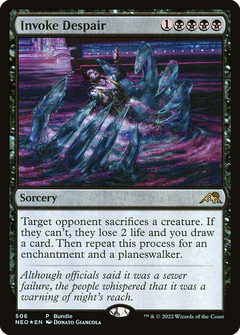 Target opponent sacrifices a creature. If they can't, they lose 2 life and you draw a card. Then repeat this process for an enchantment and a planeswalker.