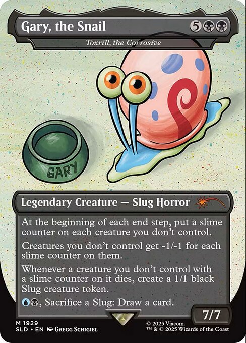 At the beginning of each end step, put a slime counter on each creature you don't control.
Creatures you don't control get -1/-1 for each slime counter on them.
Whenever a creature you don't control with a slime counter on it dies, create a 1/1 black Slug creature token.
{U}{B}, Sacrifice a Slug: Draw a card.