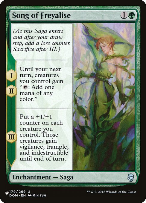 (As this Saga enters and after your draw step, add a lore counter. Sacrifice after III.)
I, II — Until your next turn, creatures you control gain "{T}: Add one mana of any color."
III — Put a +1/+1 counter on each creature you control. Those creatures gain vigilance, trample, and indestructible until end of turn.