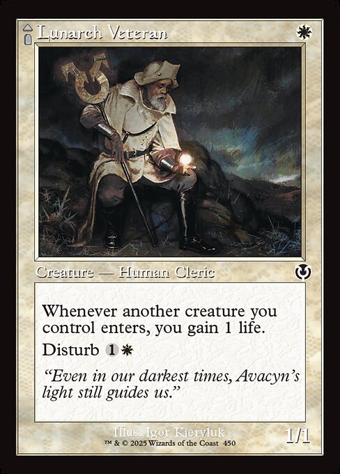 Whenever another creature you control enters, you gain 1 life.
Disturb {1}{W} (You may cast this card from your graveyard transformed for its disturb cost.)   Flying
Whenever another creature you control leaves the battlefield, you gain 1 life.
If Luminous Phantom would be put into a graveyard from anywhere, exile it instead.