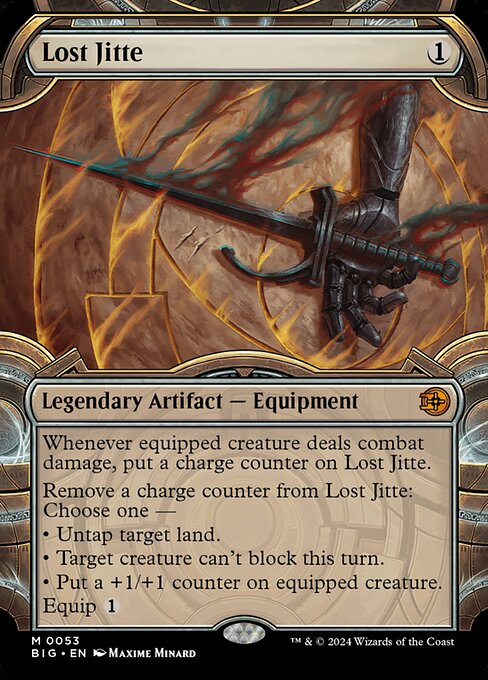 Whenever equipped creature deals combat damage, put a charge counter on Lost Jitte.
Remove a charge counter from Lost Jitte: Choose one —
• Untap target land.
• Target creature can't block this turn.
• Put a +1/+1 counter on equipped creature.
Equip {1}