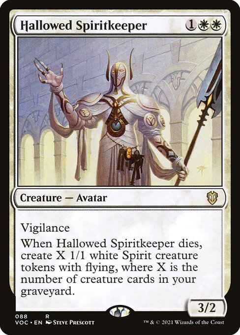 Vigilance
When Hallowed Spiritkeeper dies, create X 1/1 white Spirit creature tokens with flying, where X is the number of creature cards in your graveyard.