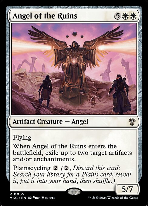 Flying
When Angel of the Ruins enters the battlefield, exile up to two target artifacts and/or enchantments.
Plainscycling {2} ({2}, Discard this card: Search your library for a Plains card, reveal it, put it into your hand, then shuffle.)