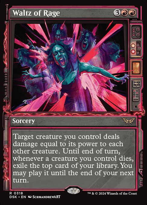 Target creature you control deals damage equal to its power to each other creature. Until end of turn, whenever a creature you control dies, exile the top card of your library. You may play it until the end of your next turn.