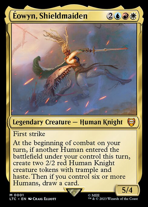 First strike
At the beginning of combat on your turn, if another Human entered the battlefield under your control this turn, create two 2/2 red Human Knight creature tokens with trample and haste. Then if you control six or more Humans, draw a card.