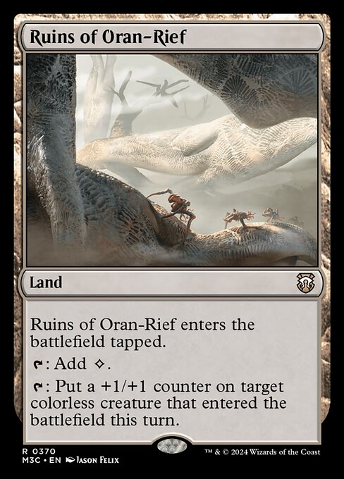 Ruins of Oran-Rief enters tapped.
{T}: Add {C}. ({C} represents colorless mana.)
{T}: Put a +1/+1 counter on target colorless creature that entered this turn.