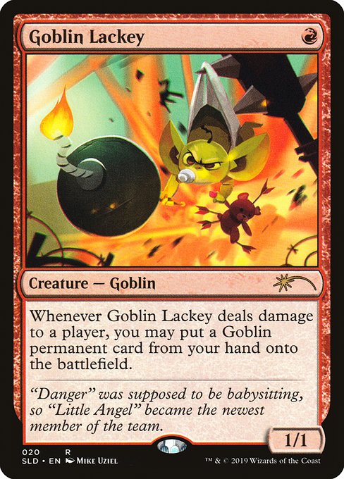 Whenever this creature deals damage to a player, you may put a Goblin permanent card from your hand onto the battlefield.