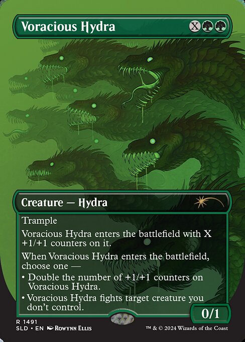 Trample
This creature enters with X +1/+1 counters on it.
When this creature enters, choose one —
• Double the number of +1/+1 counters on this creature.
• This creature fights target creature you don't control.