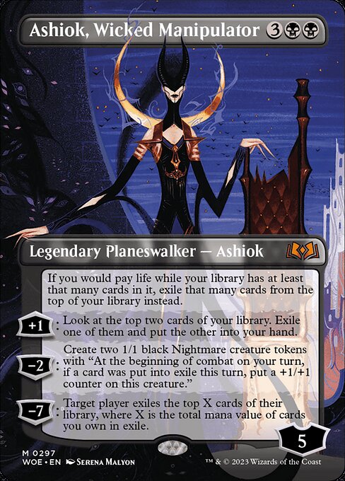If you would pay life while your library has at least that many cards in it, exile that many cards from the top of your library instead.
+1: Look at the top two cards of your library. Exile one of them and put the other into your hand.
−2: Create two 1/1 black Nightmare creature tokens with "At the beginning of combat on your turn, if a card was put into exile this turn, put a +1/+1 counter on this creature."
−7: Target player exiles the top X cards of their library, where X is the total mana va