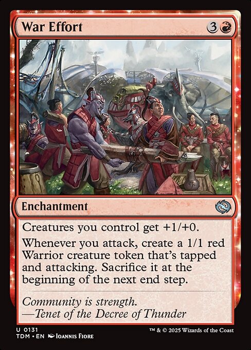 Creatures you control get +1/+0.
Whenever you attack, create a 1/1 red Warrior creature token that's tapped and attacking. Sacrifice it at the beginning of the next end step.