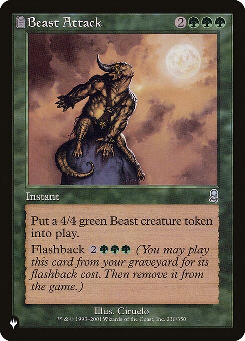 Create a 4/4 green Beast creature token.
Flashback {2}{G}{G}{G} (You may cast this card from your graveyard for its flashback cost. Then exile it.)