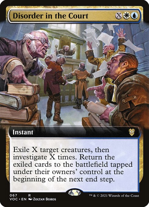 Exile X target creatures, then investigate X times. Return the exiled cards to the battlefield tapped under their owners' control at the beginning of the next end step. (To investigate, create a Clue token. It's an artifact with "{2}, Sacrifice this artifact: Draw a card.")