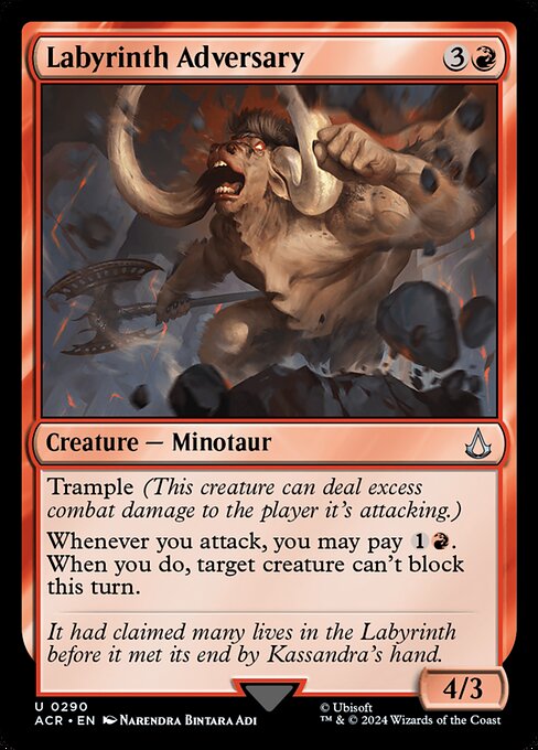 Trample (This creature can deal excess combat damage to the player it's attacking.)
Whenever you attack, you may pay {1}{R}. When you do, target creature can't block this turn.