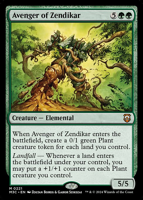 When Avenger of Zendikar enters, create a 0/1 green Plant creature token for each land you control.
Landfall — Whenever a land you control enters, you may put a +1/+1 counter on each Plant creature you control.