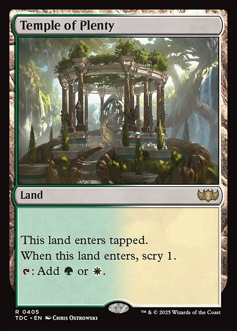 This land enters tapped.
When this land enters, scry 1. (Look at the top card of your library. You may put that card on the bottom.)
{T}: Add {G} or {W}.