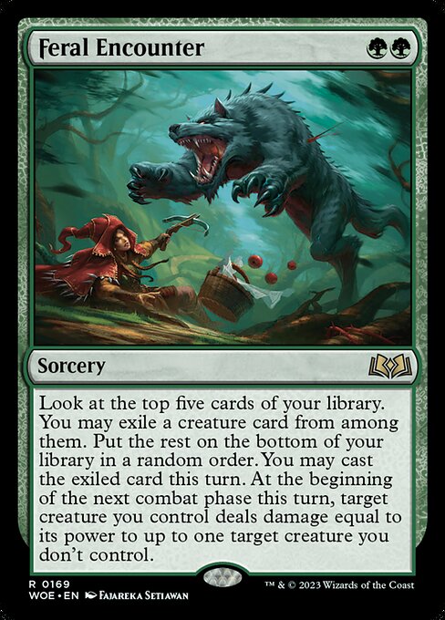 Look at the top five cards of your library. You may exile a creature card from among them. Put the rest on the bottom of your library in a random order. You may cast the exiled card this turn. At the beginning of the next combat phase this turn, target creature you control deals damage equal to its power to up to one target creature you don't control.