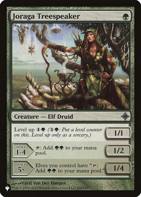 Level up {1}{G} ({1}{G}: Put a level counter on this. Level up only as a sorcery.)
LEVEL 1-4
1/2
{T}: Add {G}{G}.
LEVEL 5+
1/4
Elves you control have "{T}: Add {G}{G}."