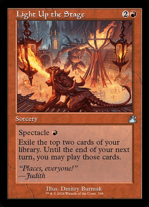 Spectacle {R} (You may cast this spell for its spectacle cost rather than its mana cost if an opponent lost life this turn.)
Exile the top two cards of your library. Until the end of your next turn, you may play those cards.