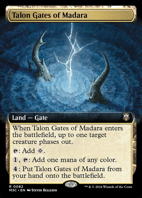 When Talon Gates of Madara enters, up to one target creature phases out.
{T}: Add {C}.
{1}, {T}: Add one mana of any color.
{4}: Put Talon Gates of Madara from your hand onto the battlefield.