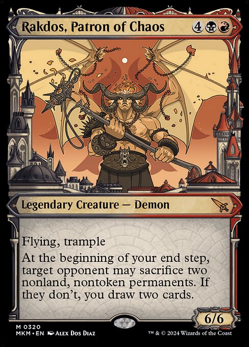 Flying, trample
At the beginning of your end step, target opponent may sacrifice two nonland, nontoken permanents. If they don't, you draw two cards.