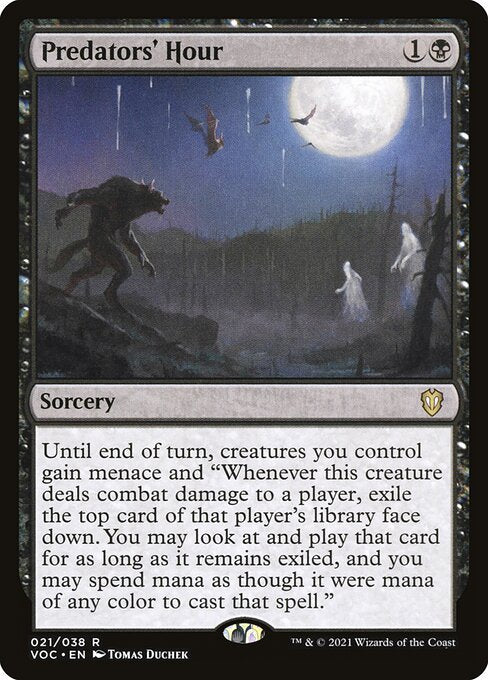 Until end of turn, creatures you control gain menace and "Whenever this creature deals combat damage to a player, exile the top card of that player's library face down. You may look at and play that card for as long as it remains exiled, and you may spend mana as though it were mana of any color to cast that spell."